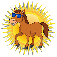 comic horse wearing sunglasses with sun behind
